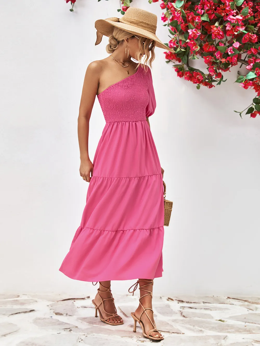 Smocked One-Shoulder Midi Dress, image 10