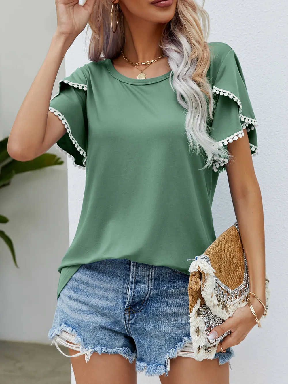 Pom-Pom Trim Flutter Sleeve Round Neck Tee, image 13