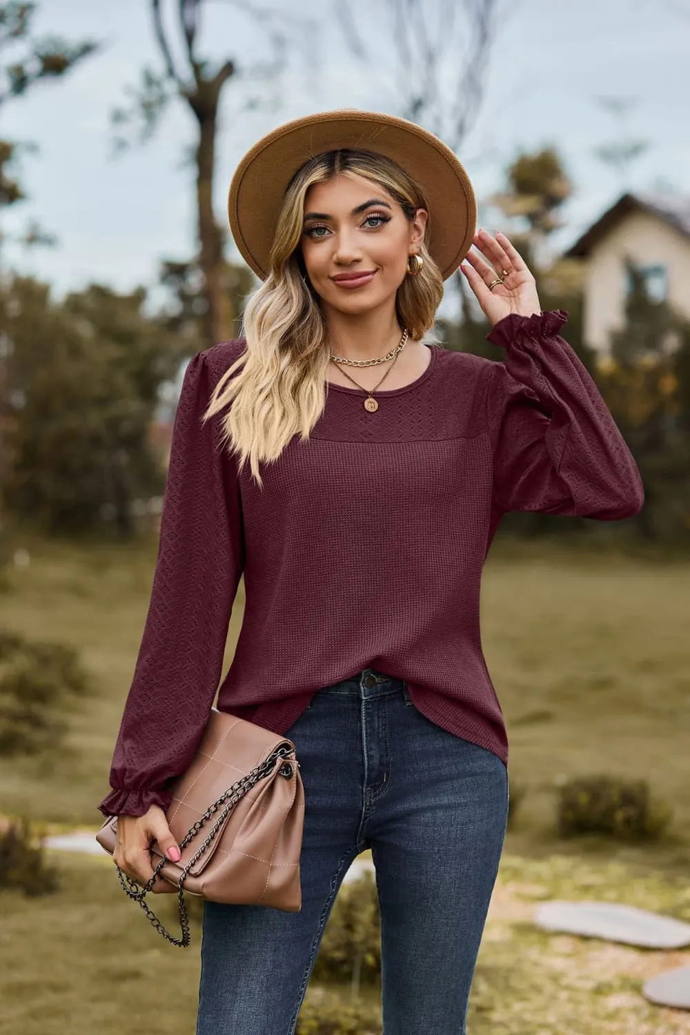Round Neck Puff Sleeve Blouse, image 5