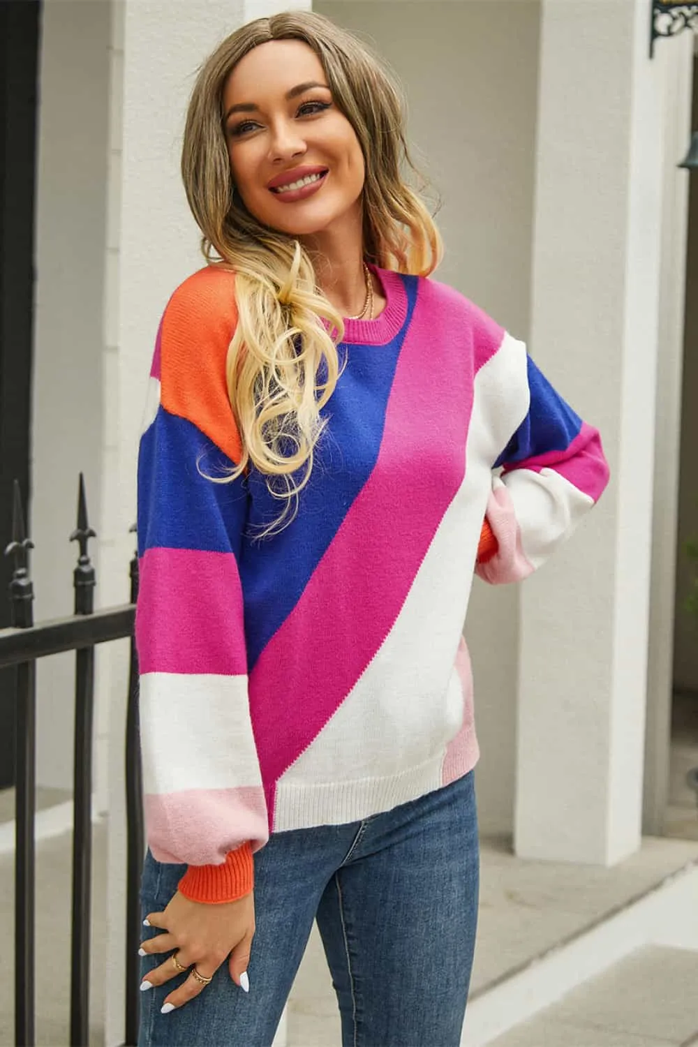 Color Block Round Neck Long Sleeve Sweater, image 4