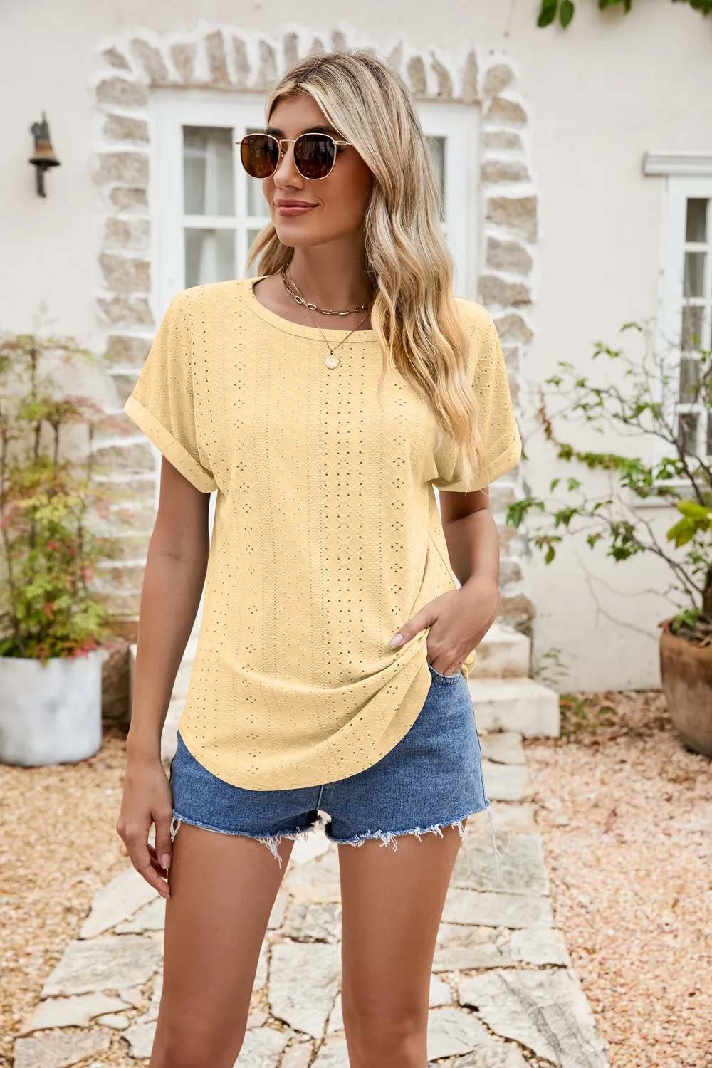 Full Size Round Neck Eyelet Short Sleeve Top, image 13