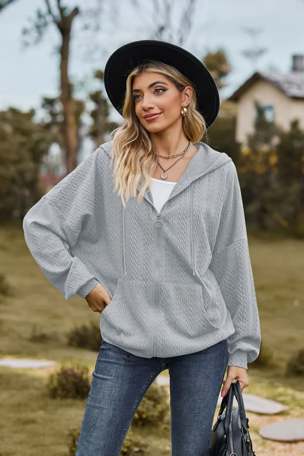 Cable-Knit Long Sleeve Hooded Jacket, image 20