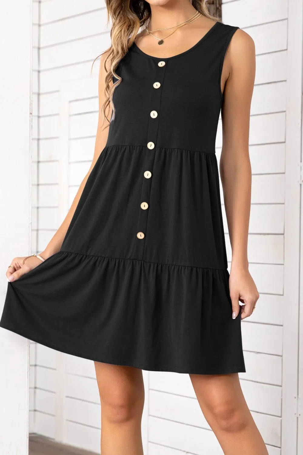 Decorative Button Scoop Neck Sleeveless Tiered Dress, image 5