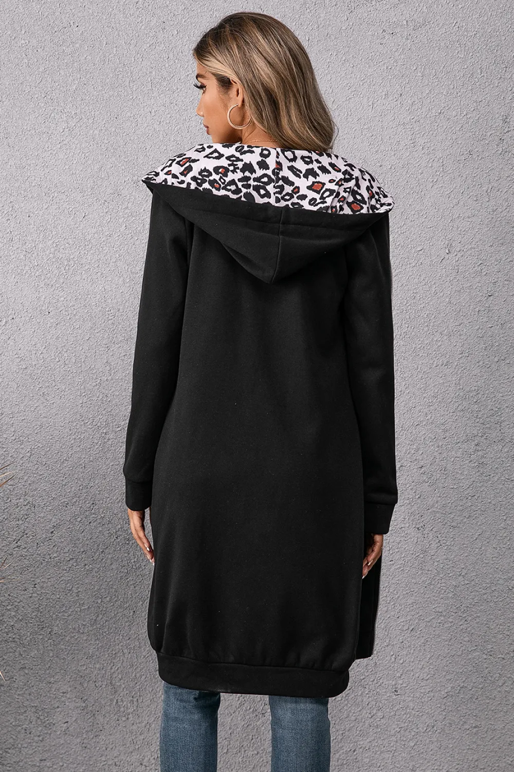 Leopard Spliced Drawstring Zip Up Hoodie Dress, image 4