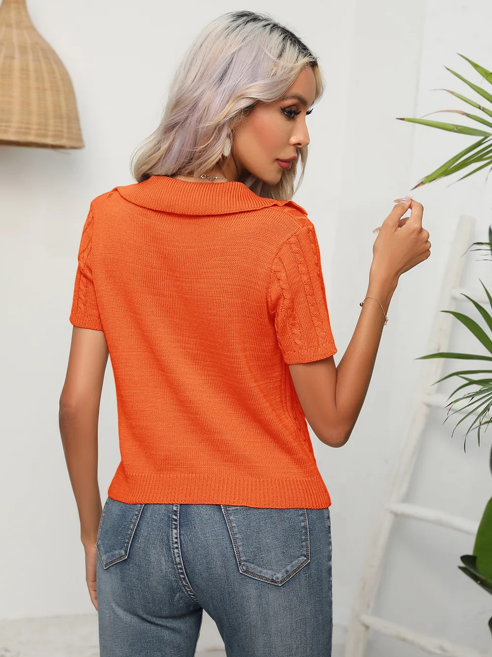 Cable-Knit Johnny Collar Short Sleeve Knit Top, image 4