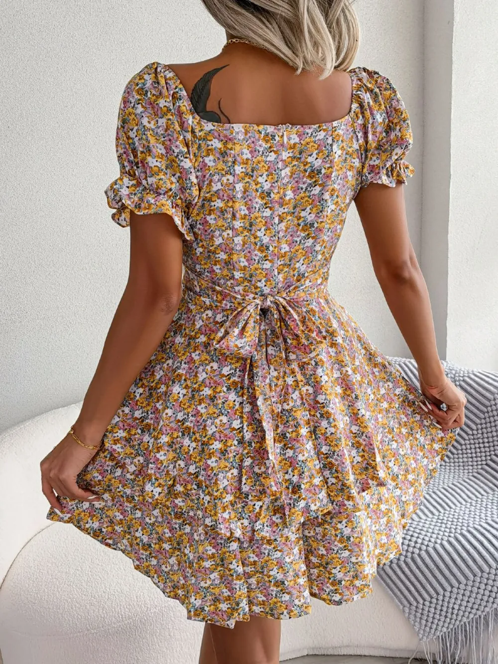Floral Sweetheart Neck Flounce Sleeve Mini Dress, image 7