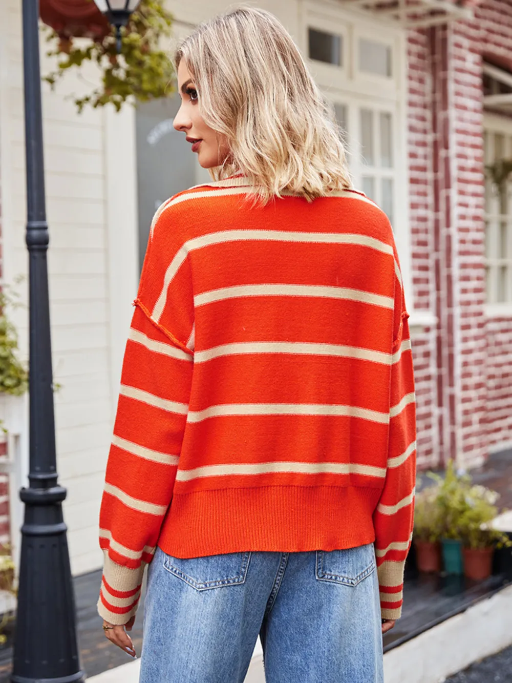 Striped Dropped Shoulder Notched Neck Knit Top, image 6