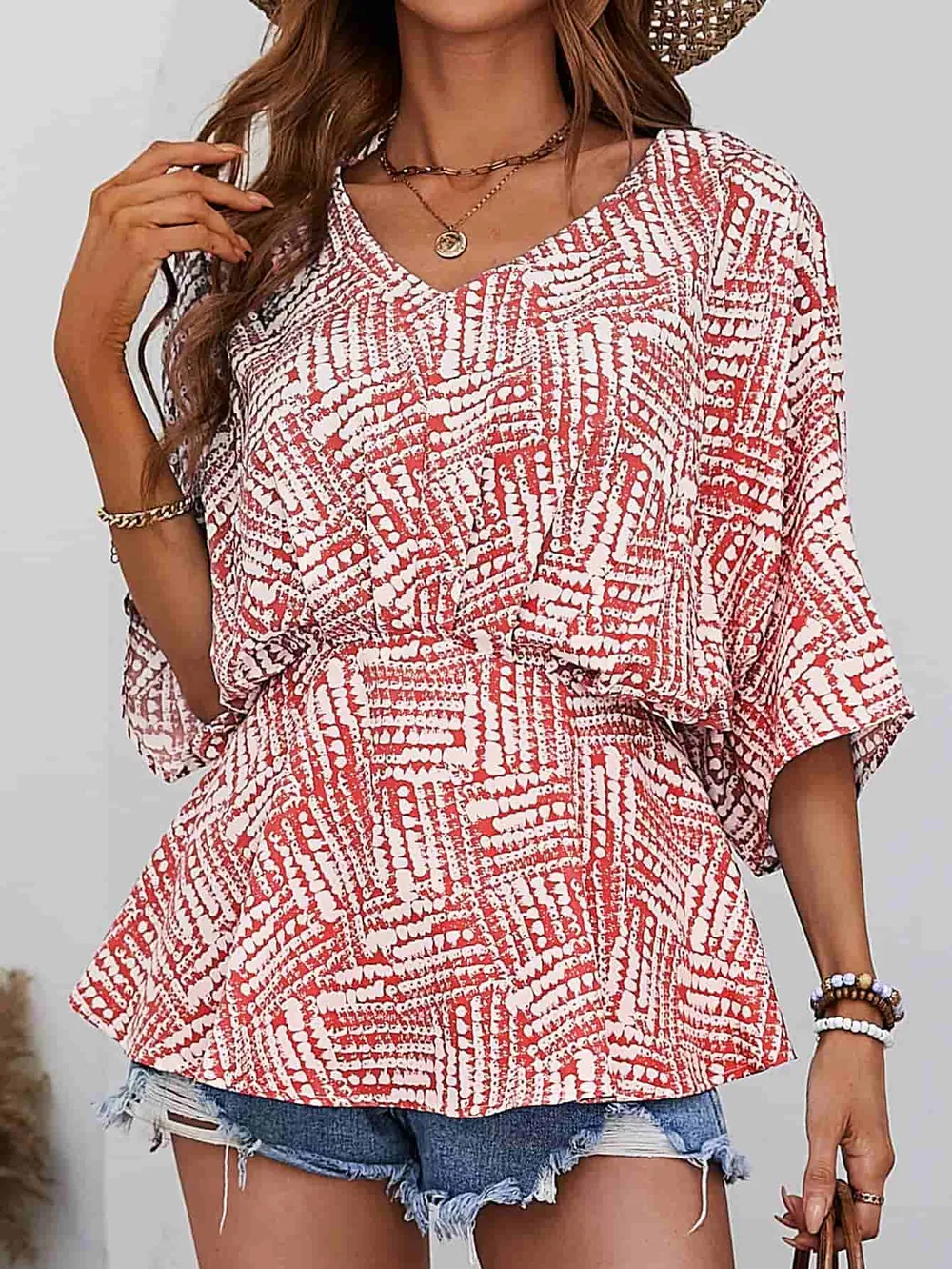 Printed V-Neck Dolman Sleeve Blouse, image 5