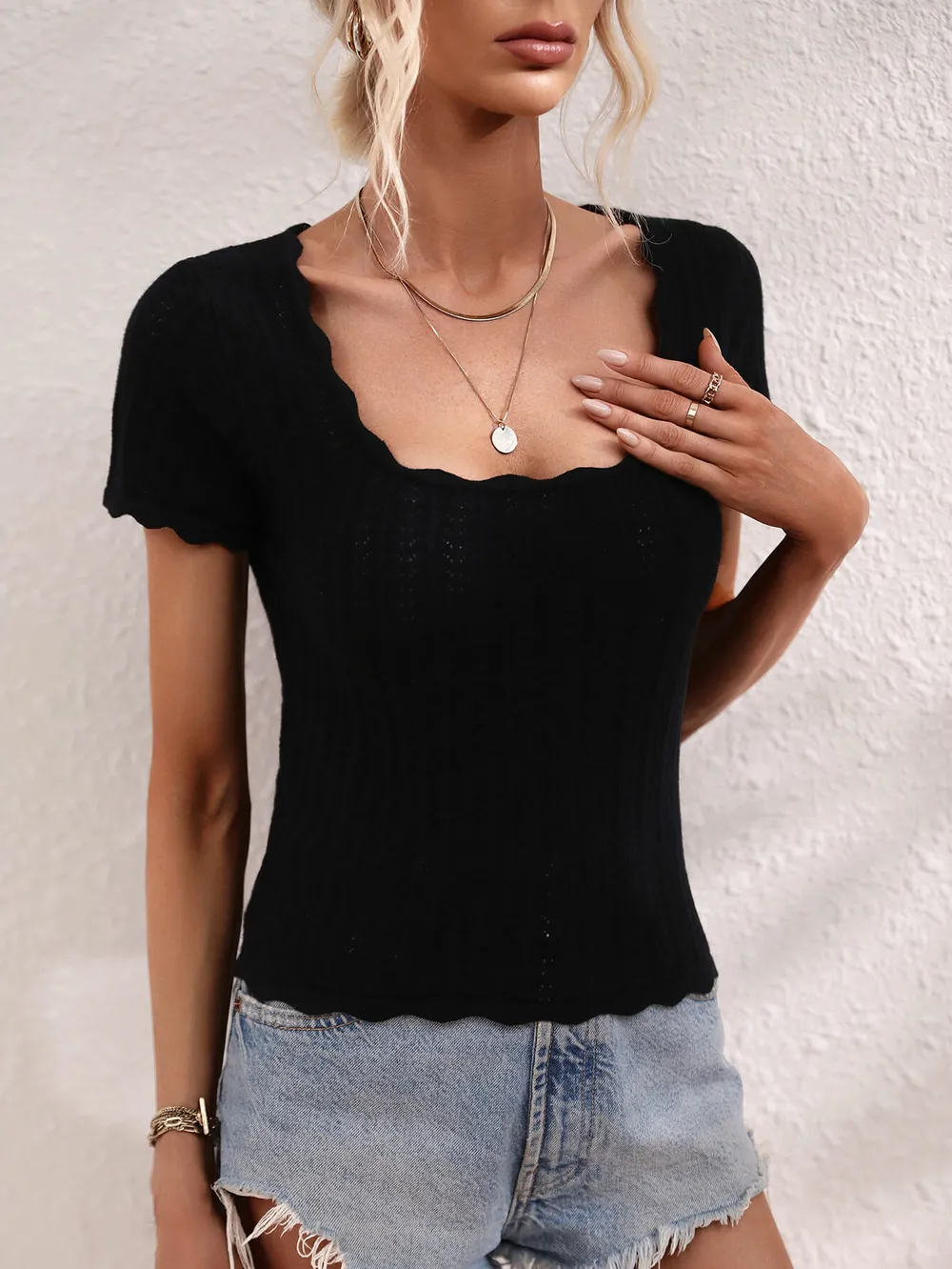Scalloped Hem Square Neck Knit Top, image 7
