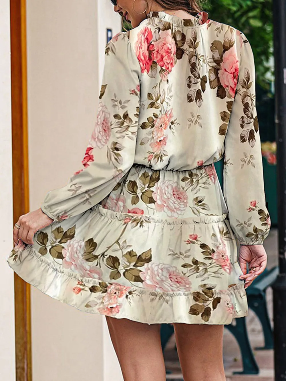 Printed Tie Neck Long Sleeve Dress, image 2