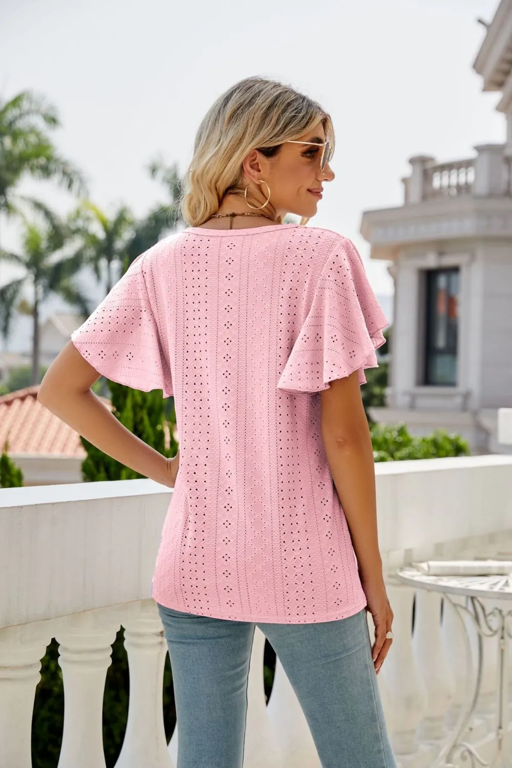 Eyelet Flutter Sleeve Round Neck Top, image 14