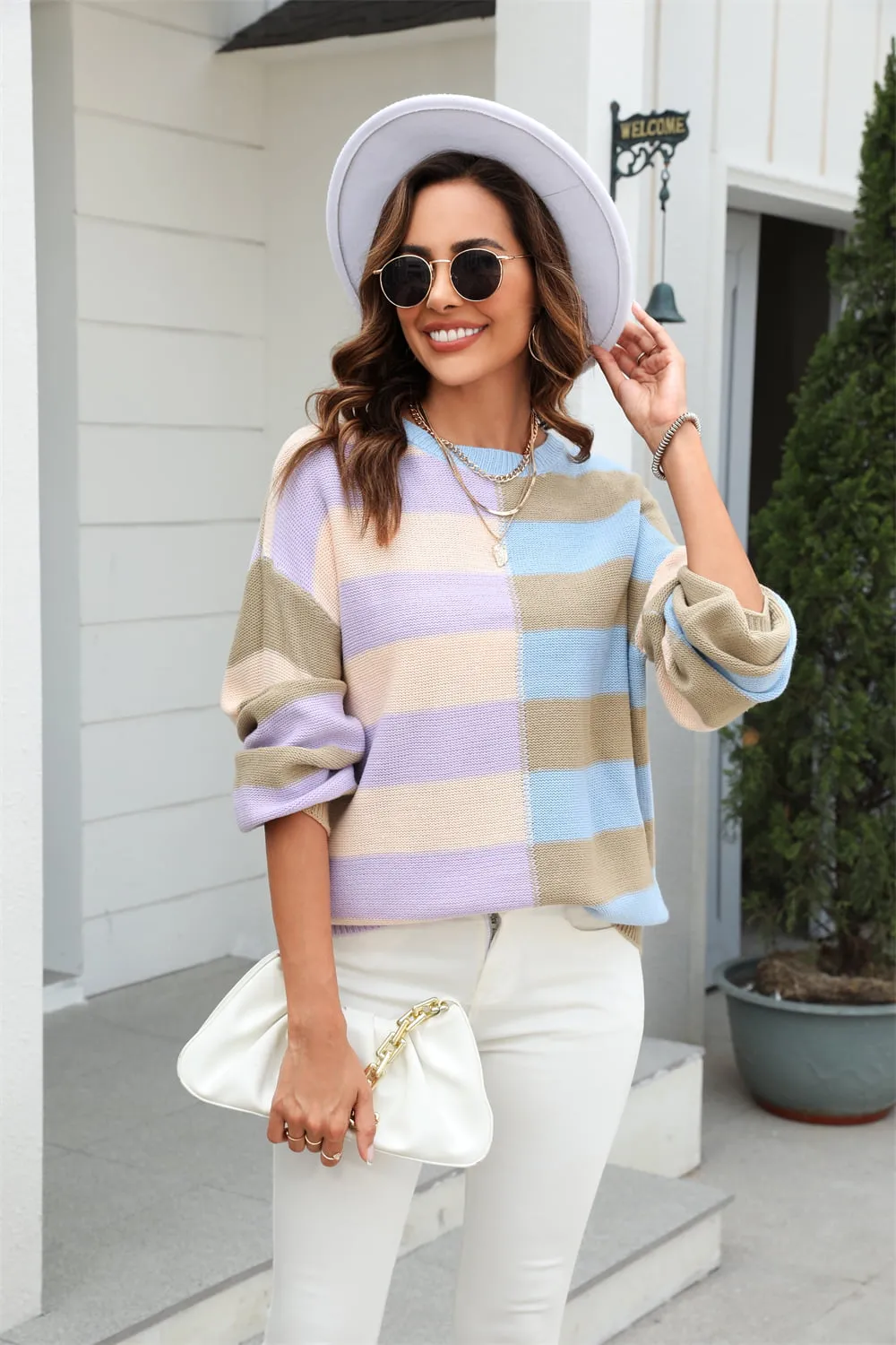 Round Neck Long Sleeve Color Block Dropped Shoulder Pullover Sweater, image 11