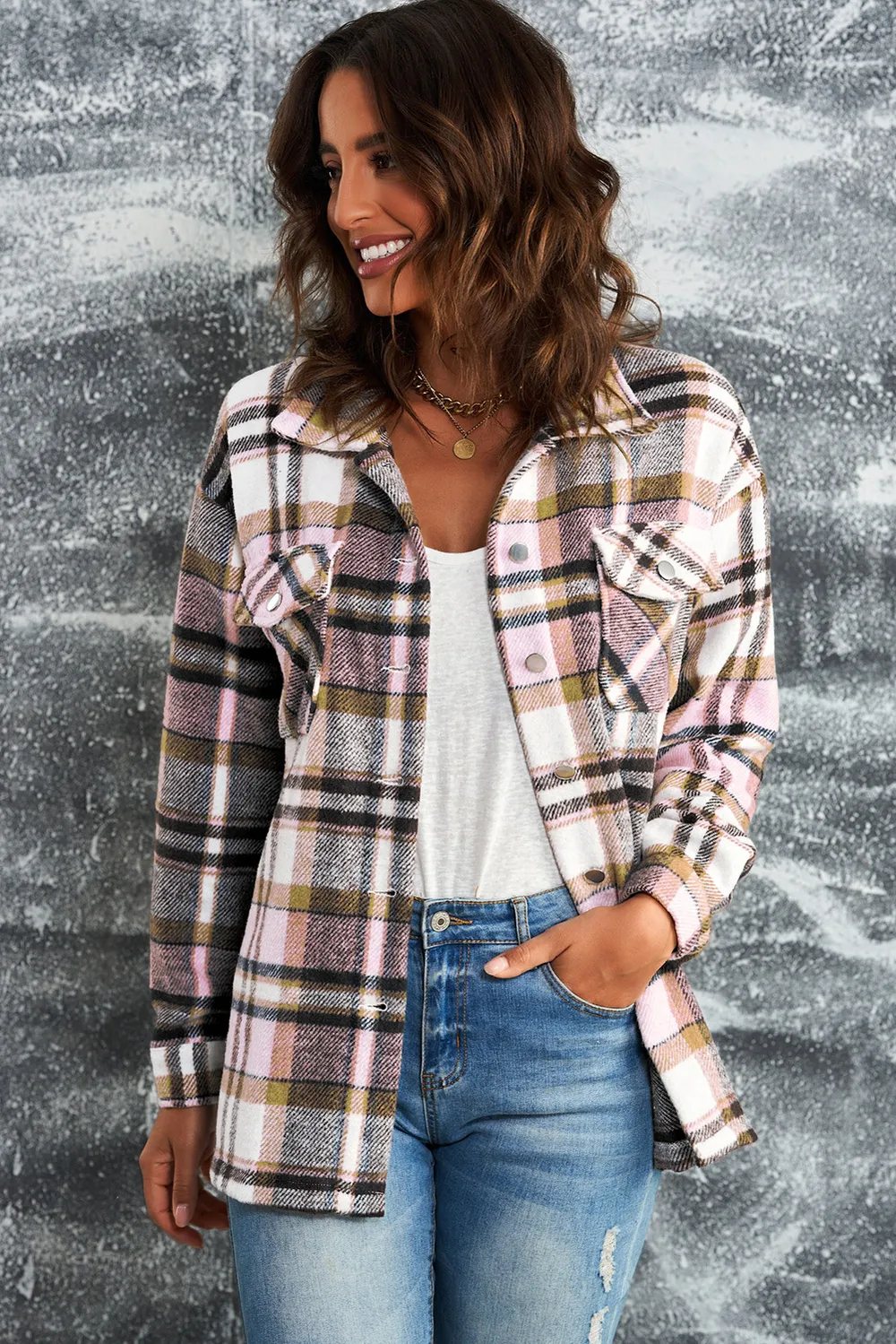 Plaid Button Front Shirt Jacket with Breast Pockets, image 13