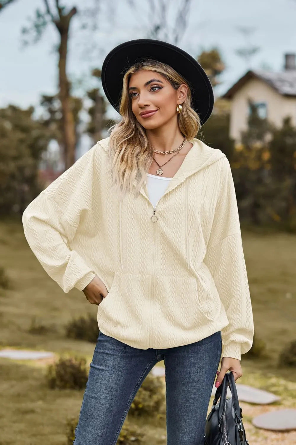 Cable-Knit Long Sleeve Hooded Jacket, image 5