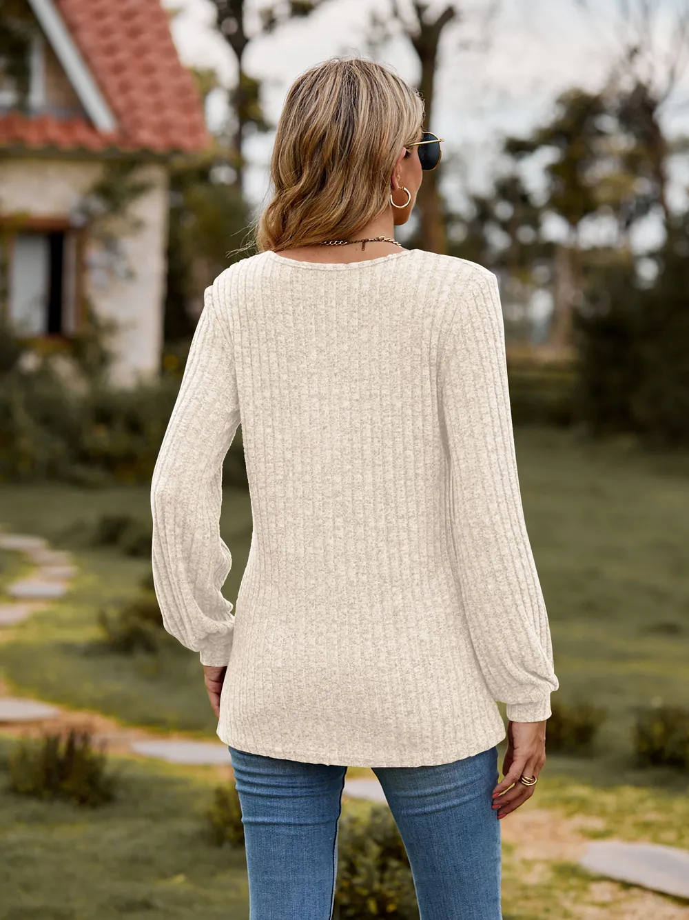 Round Neck Button-Down Long Sleeve Tee, image 13