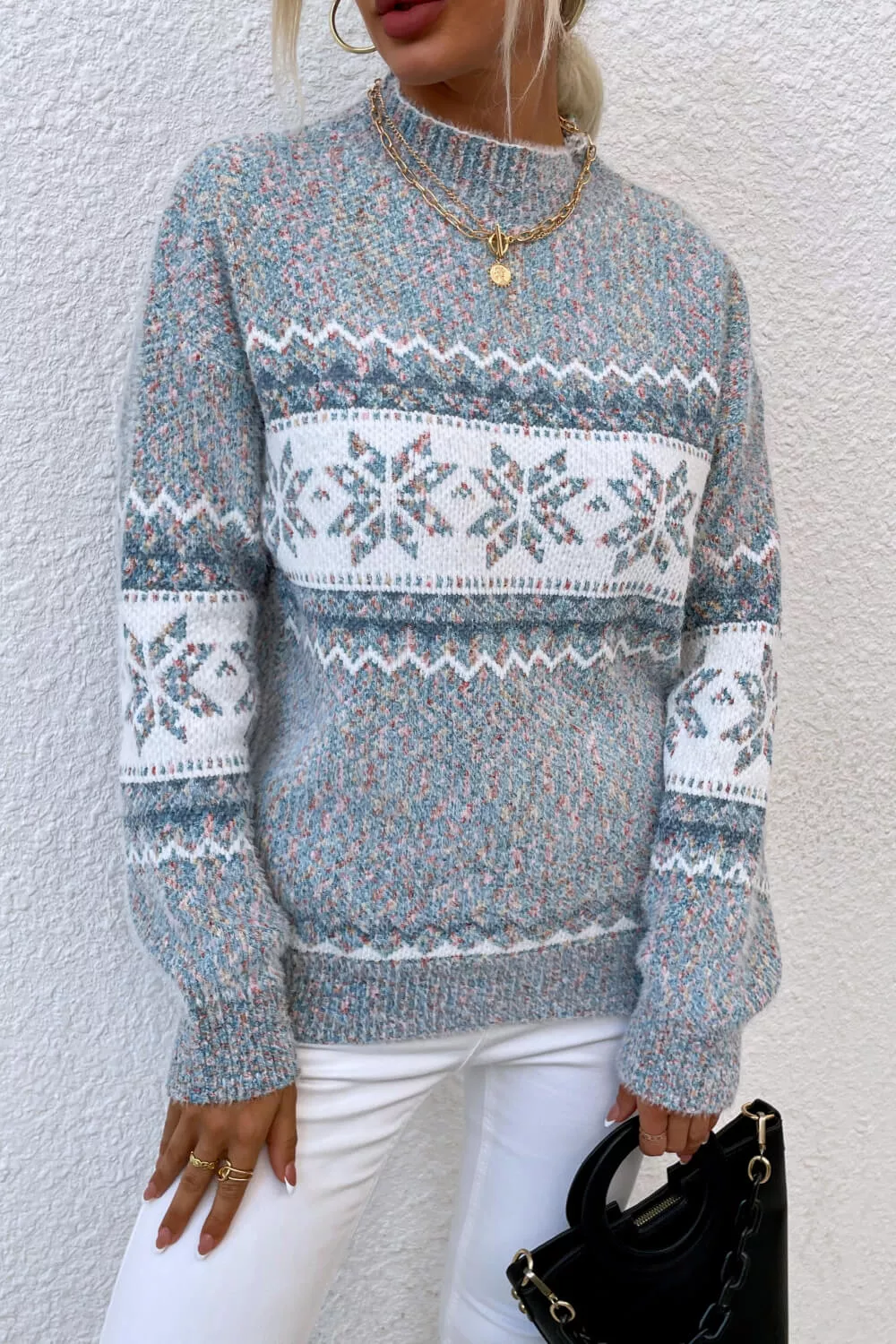 Snowflake Pattern Mock Neck Sweater, image 2