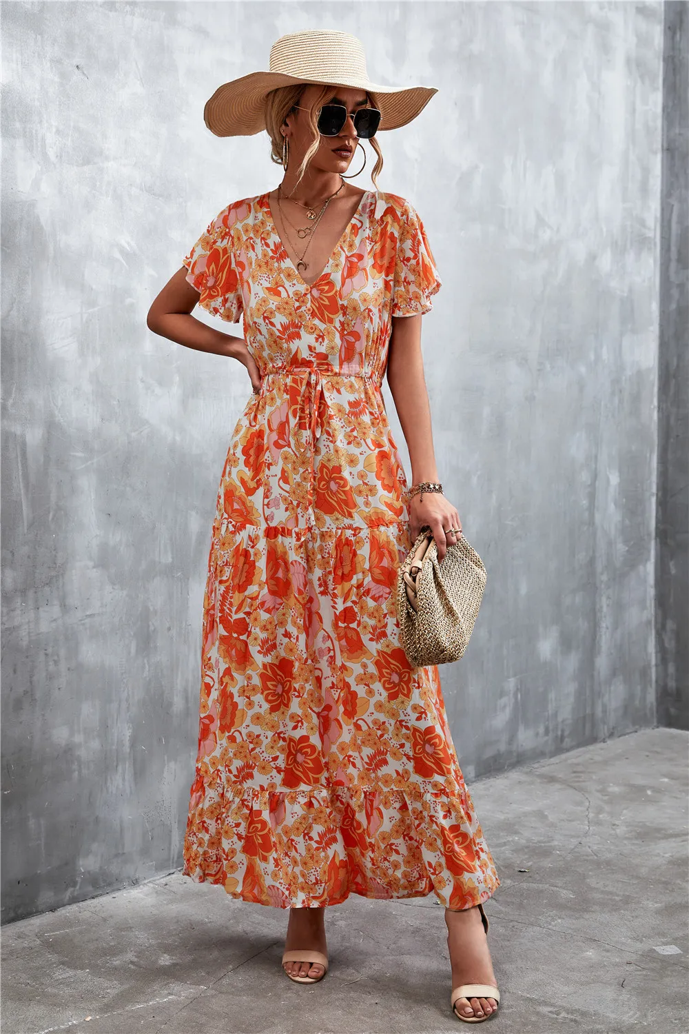 Floral Buttoned Drawstring Waist Tiered Dress, image 10