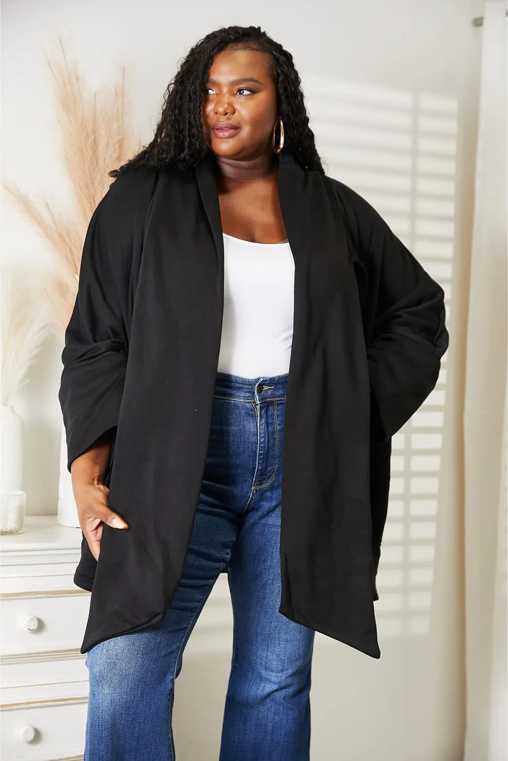 Full Size Open Front Cardigan with Scarf Design, image 12
