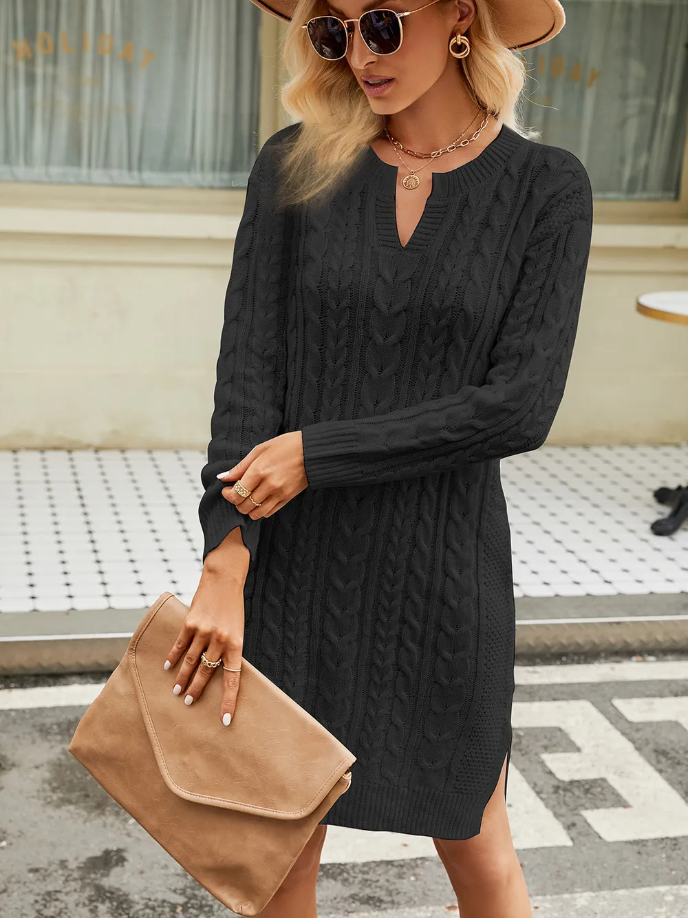 Notched Neck Cable-Knit Slit Sweater Dress, image 6