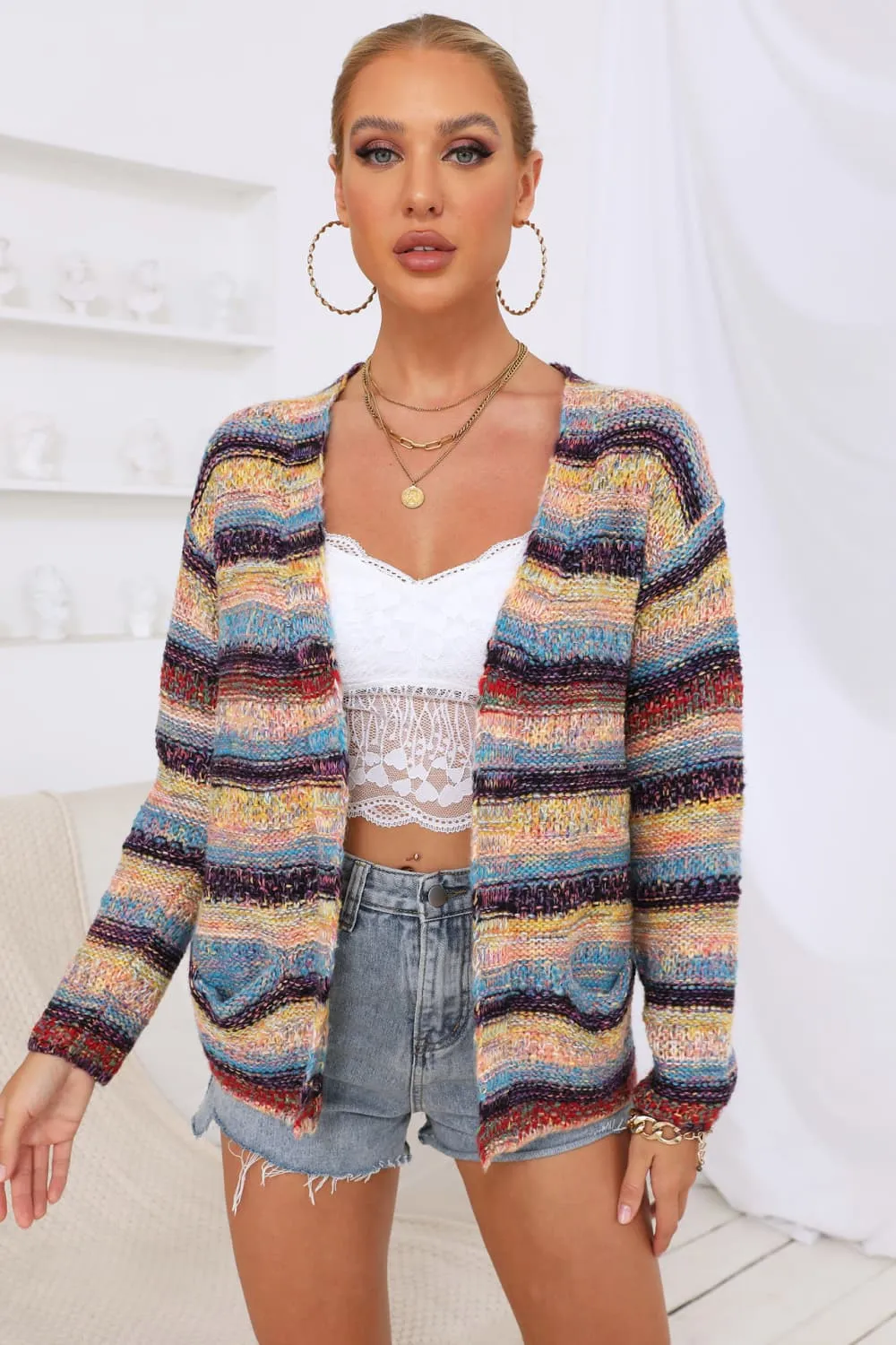 Striped Long Sleeve Open Front Cardigan, image 3