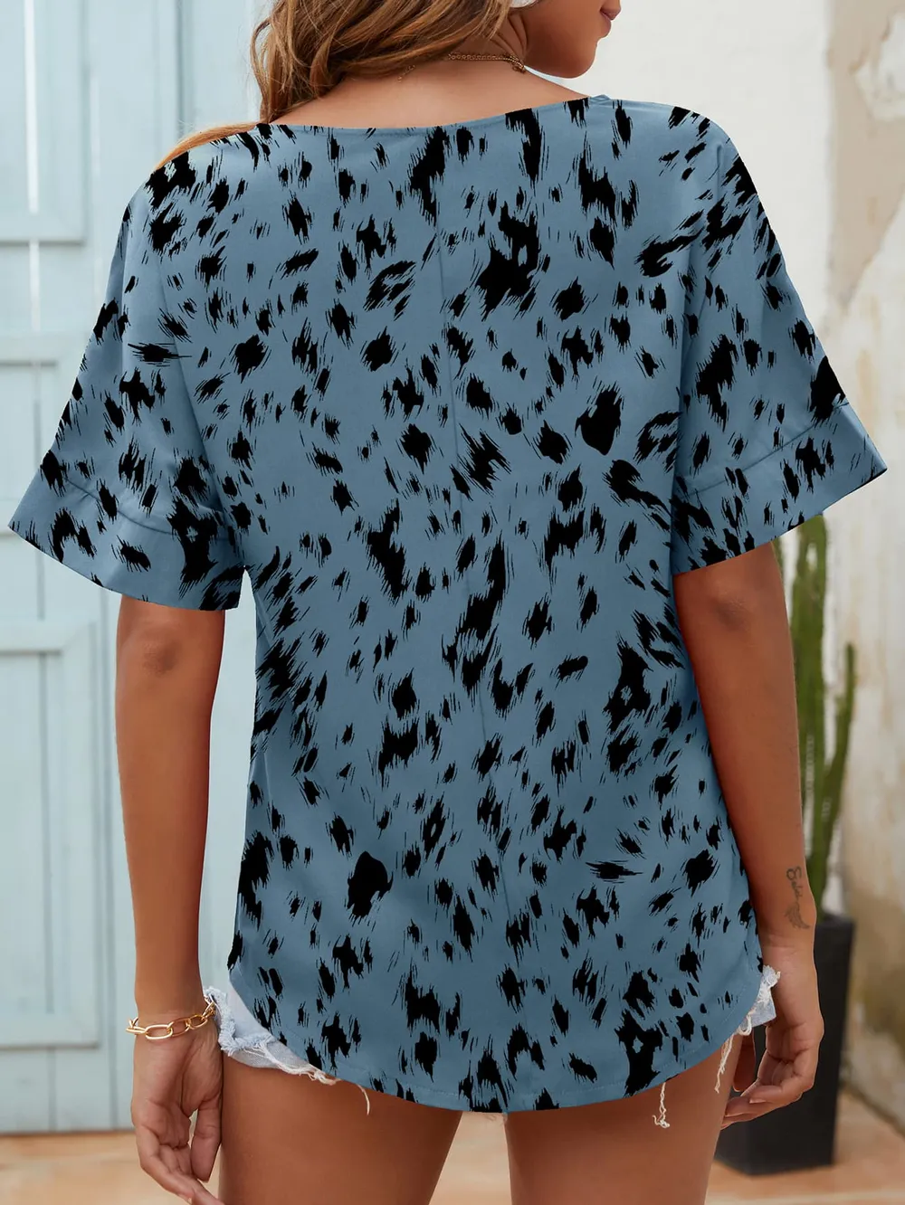 Printed Notched Neck Half Sleeve Blouse, image 9