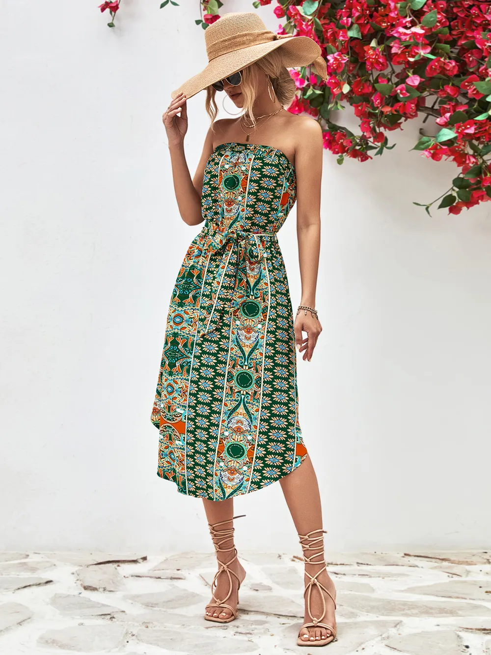 Printed Strapless Tie Belt Dress, image 10
