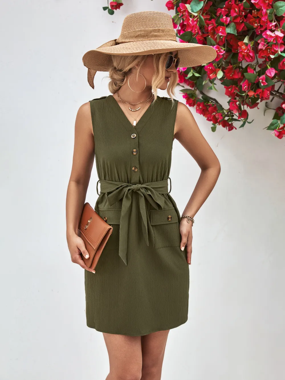 Buttoned V-Neck Belted Sleeveless Dress, image 7