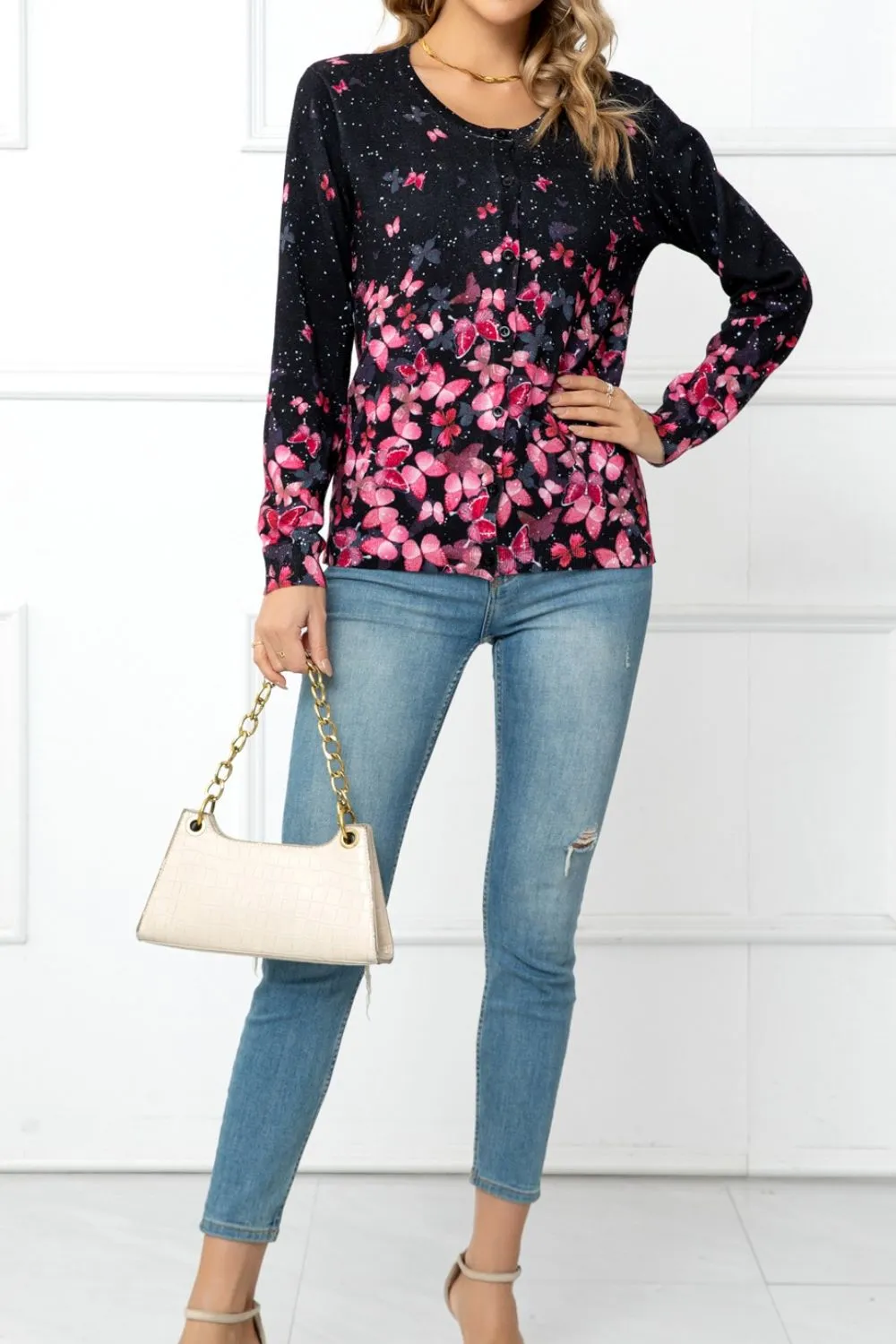 Floral Button Front Round Neck Cardigan, image 15