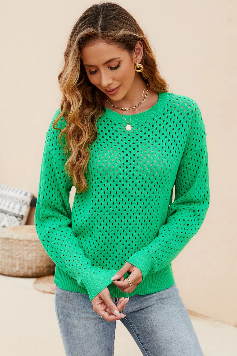 Round Neck Openwork Dropped Shoulder Knit Top, image 11