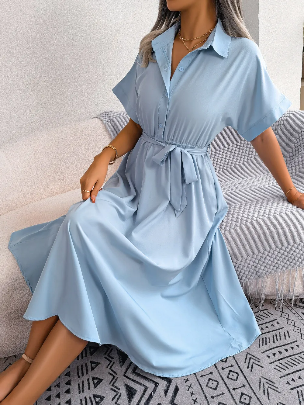 Short Sleeve Collared Tie Belt Dress, image 4