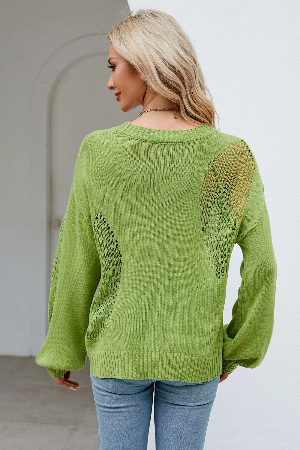 Openwork Round Neck Dropped Shoulder Knit Top, image 3