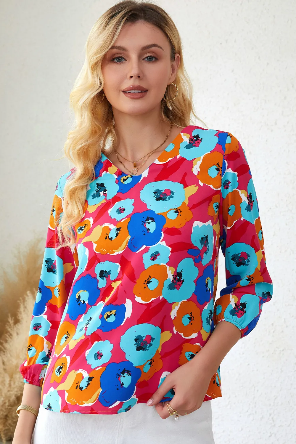 Floral V-Neck Three-Quarter Sleeve Top, image 4