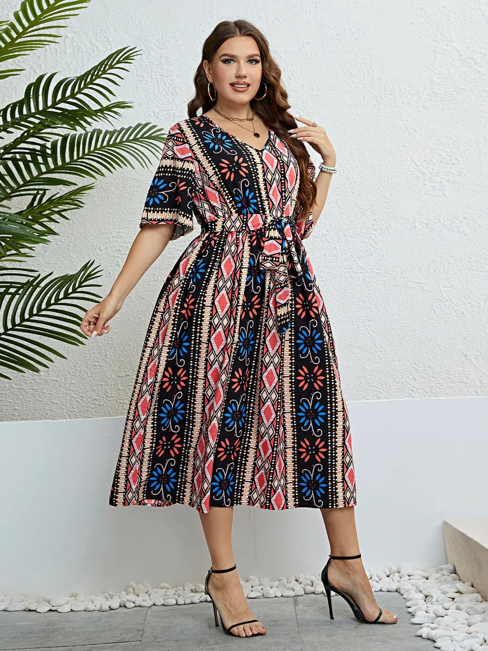 Plus Size Bohemian V-Neck Tie Belt Midi Dress, image 4