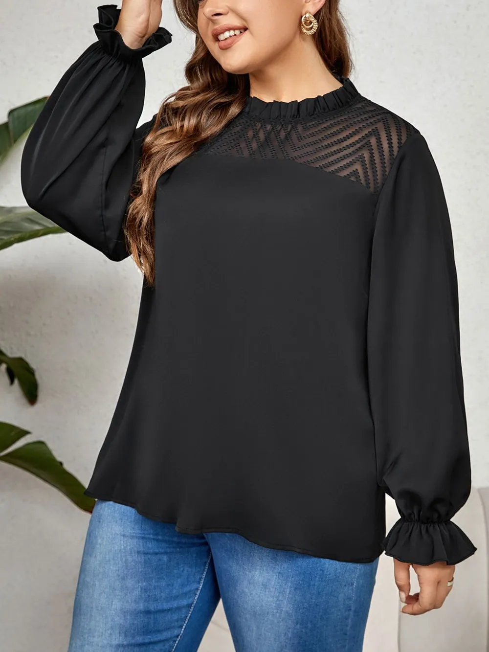 Plus Size Round Neck Flounce Sleeve Blouse, image 5