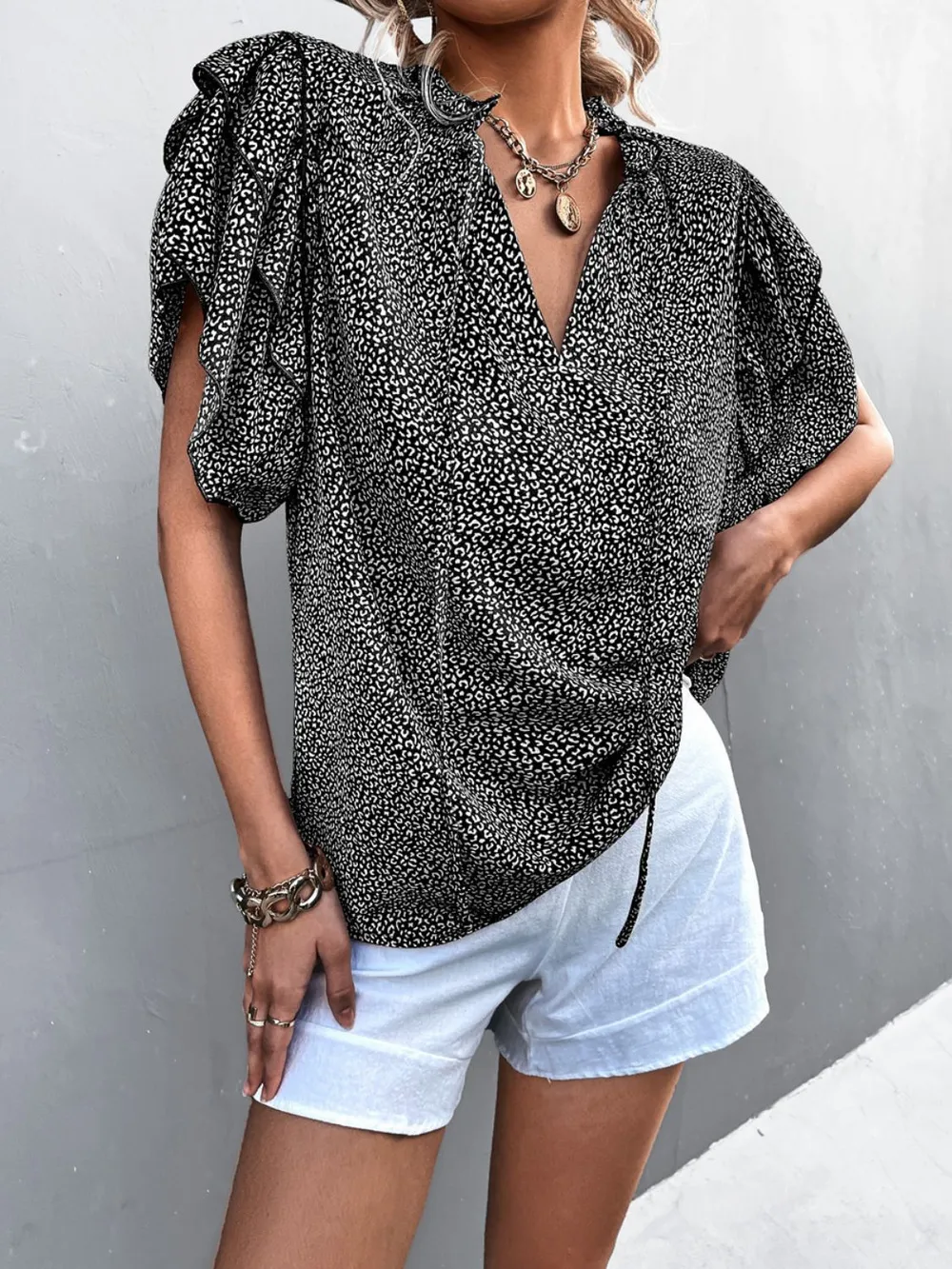 Printed Flutter Sleeve V-Neck Top, image 5
