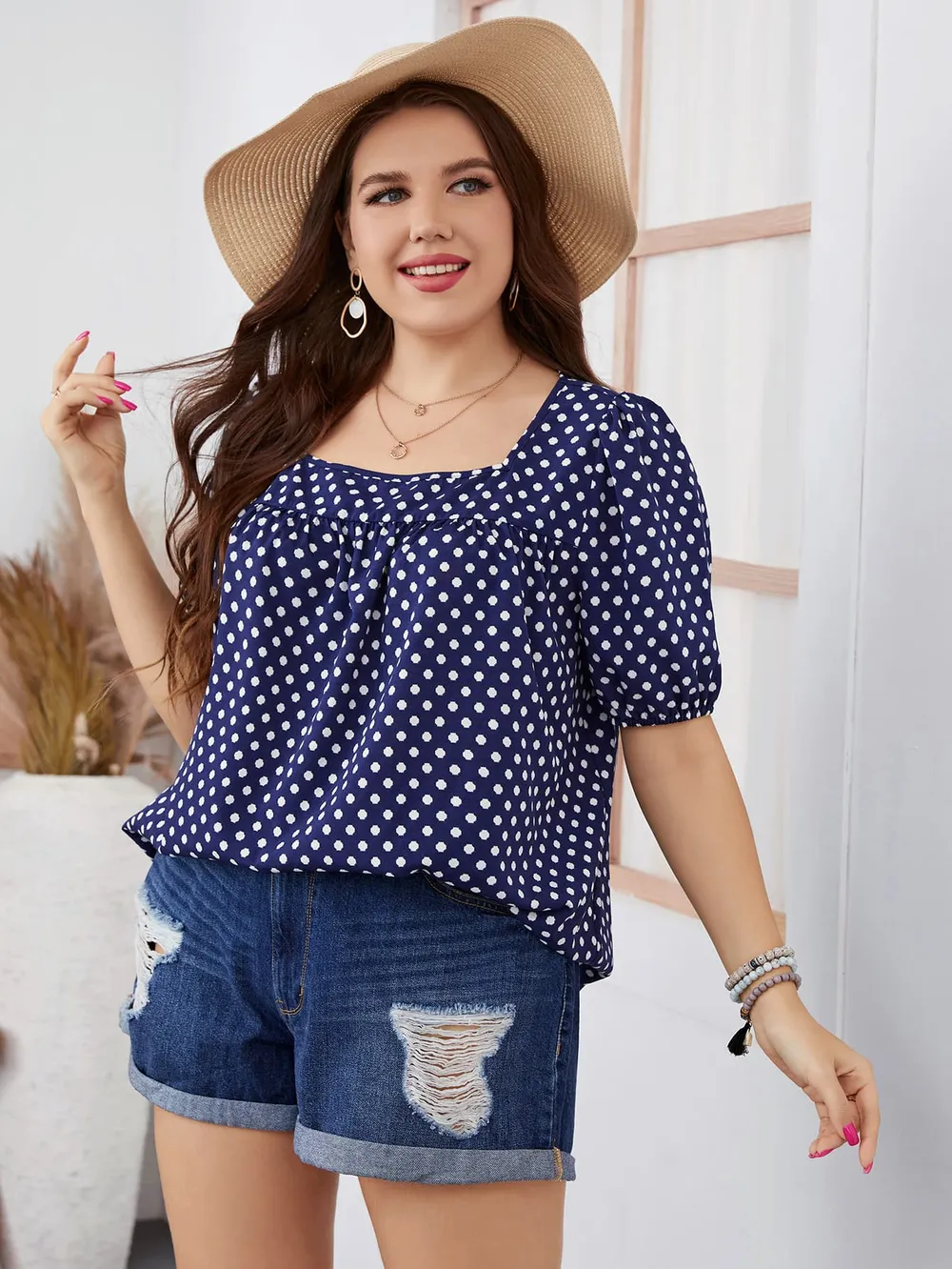 Plus Size Polka Dot Square Neck Blouse, image 4