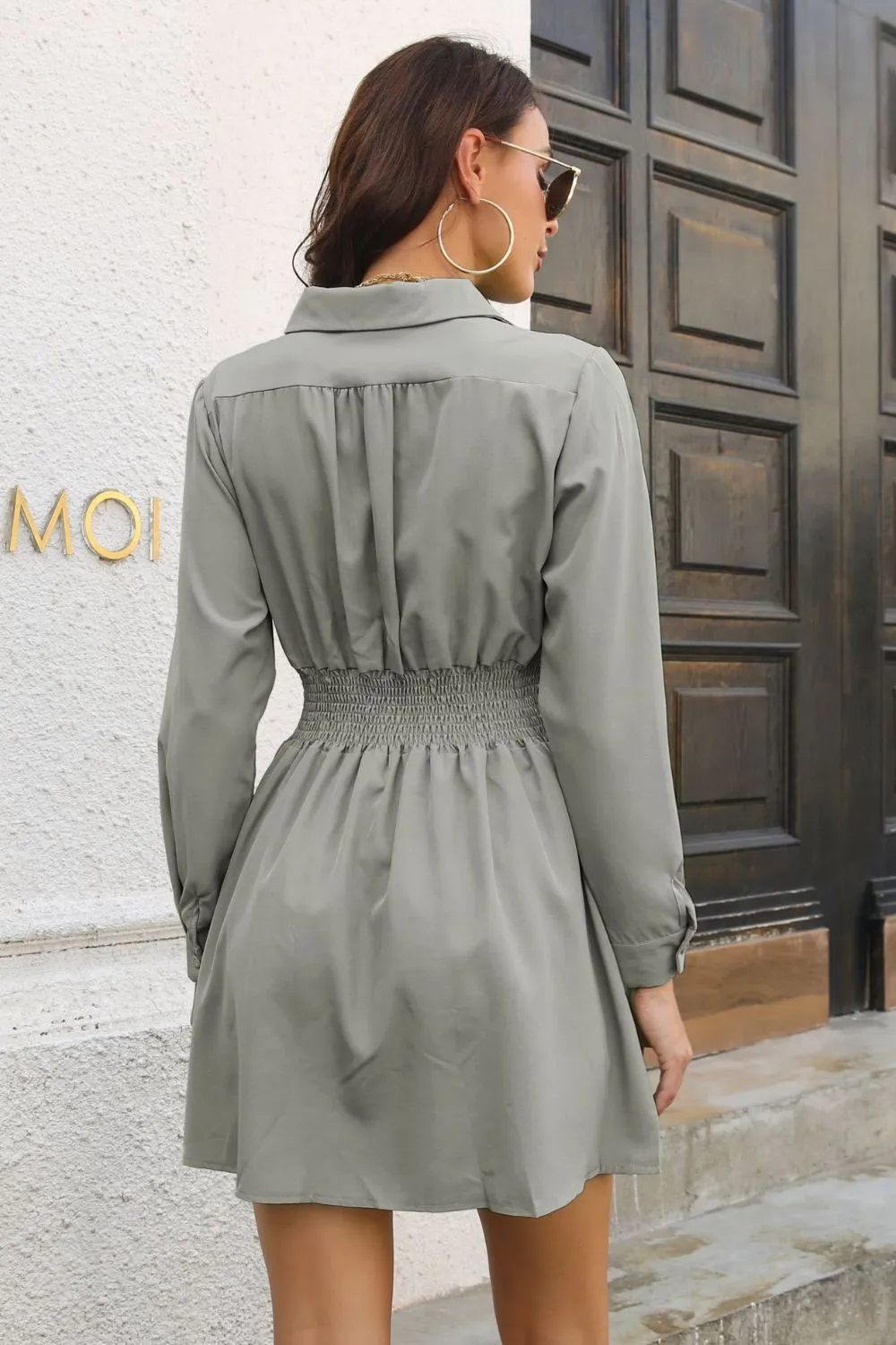 Johnny Collar Smocked Waist Long Sleeve Mini Dress, image 8