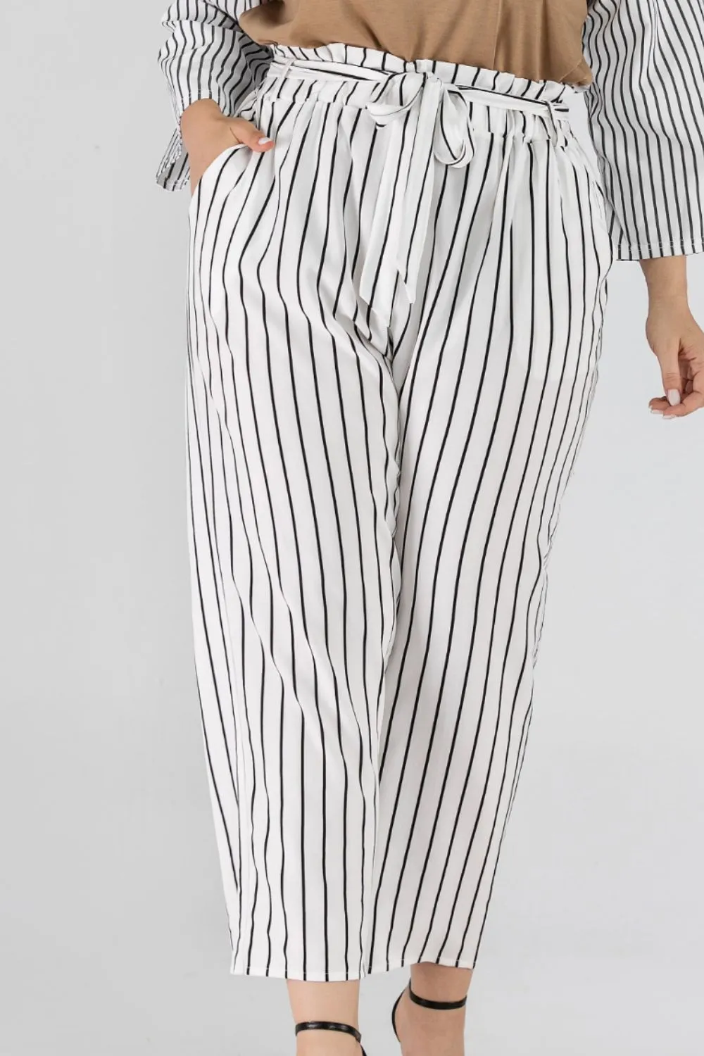 Striped Paperbag Waist Cropped Pants, image 3