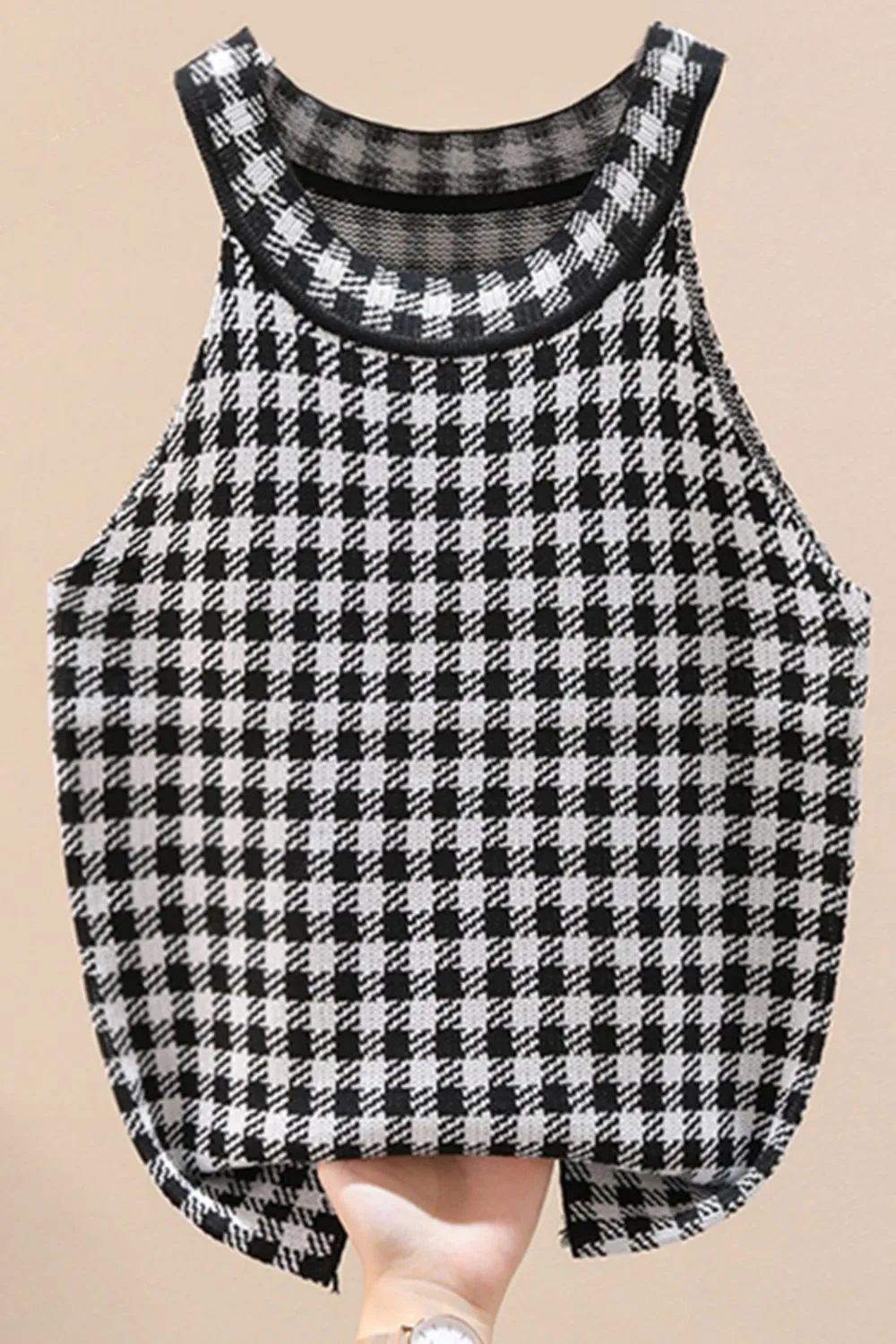 Plaid Round Neck Sleeveless Knit Top, image 8