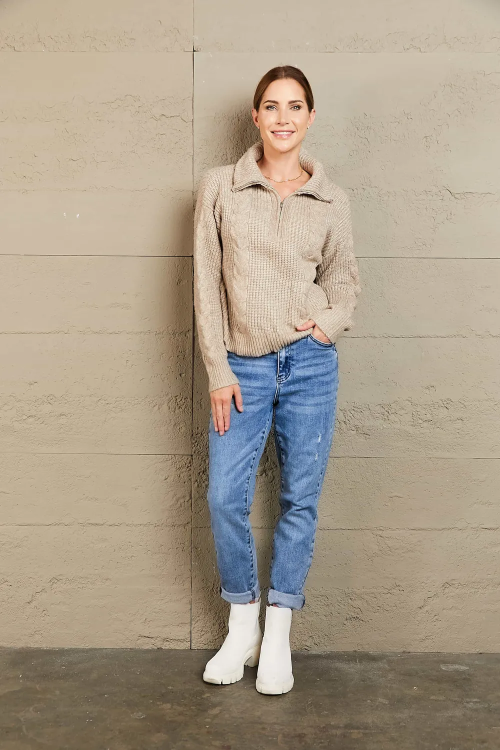 Half Zip Mixed Knit Collared Sweater, image 5