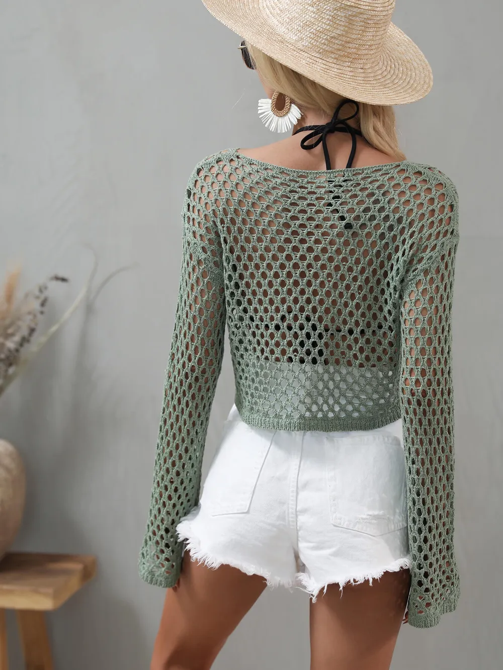 Openwork Flare Sleeve Cropped Cover Up, image 6