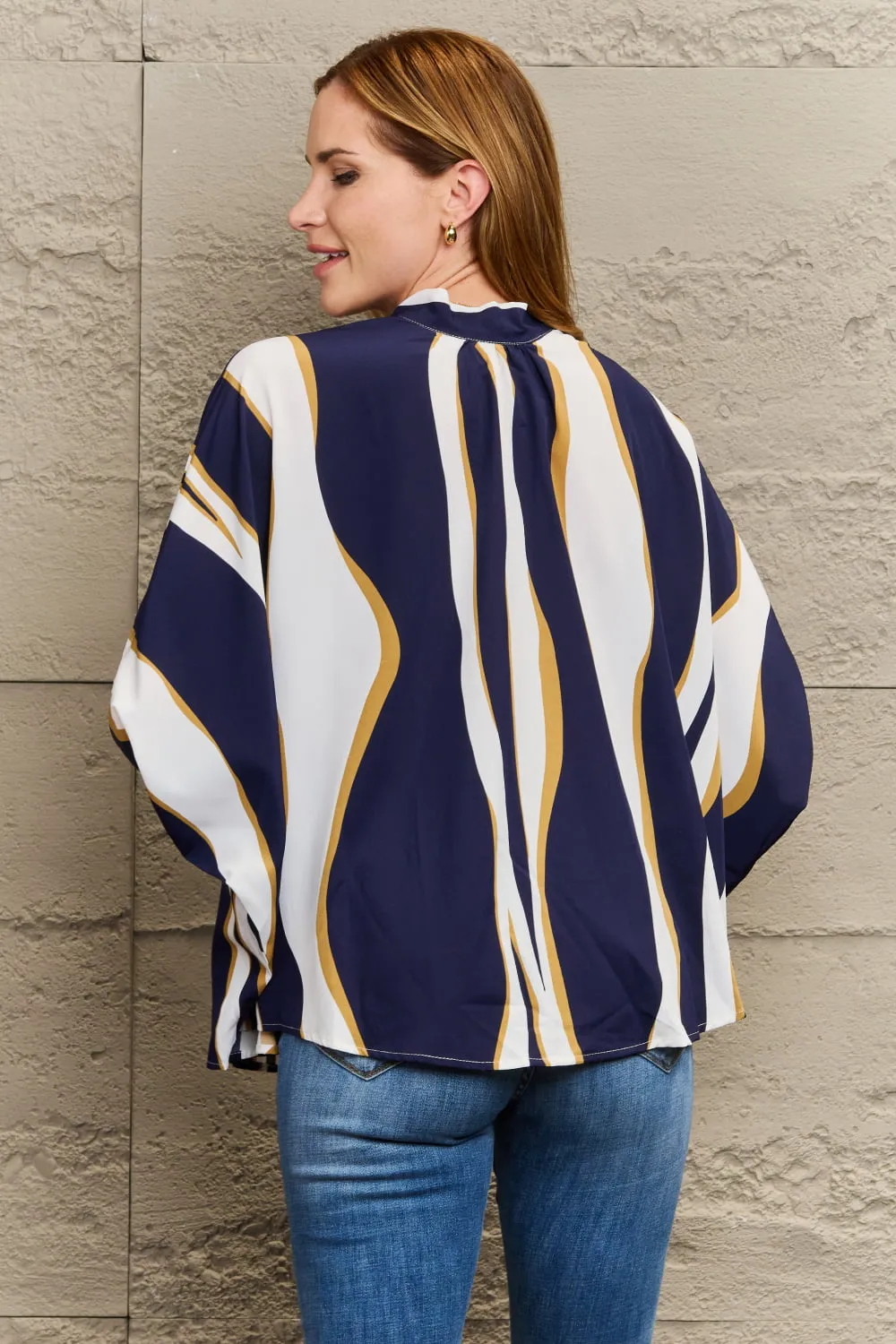Tie Neck Printed Slit Sleeve Blouse, image 3