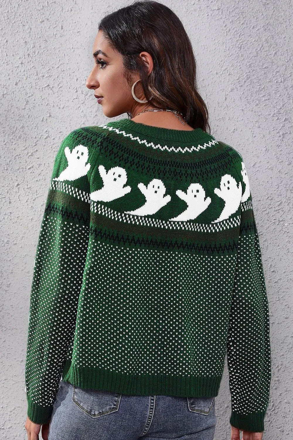 Ghost Pattern Round Neck Long Sleeve Sweater, image 11