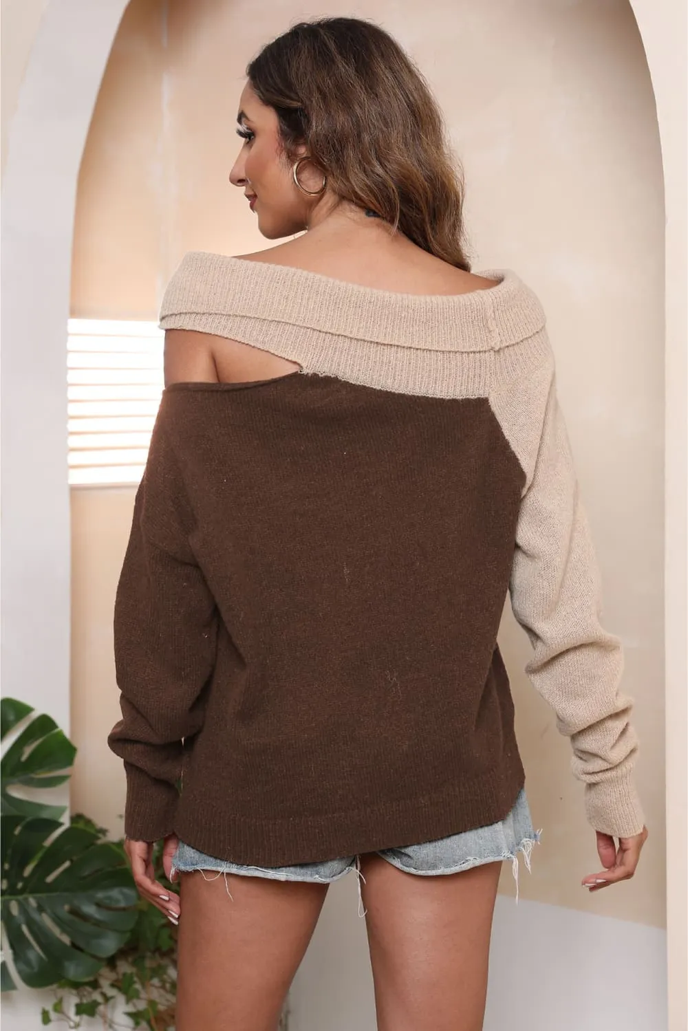 Asymmetrical Long Sleeve Two-Tone Cutout Sweater, image 3