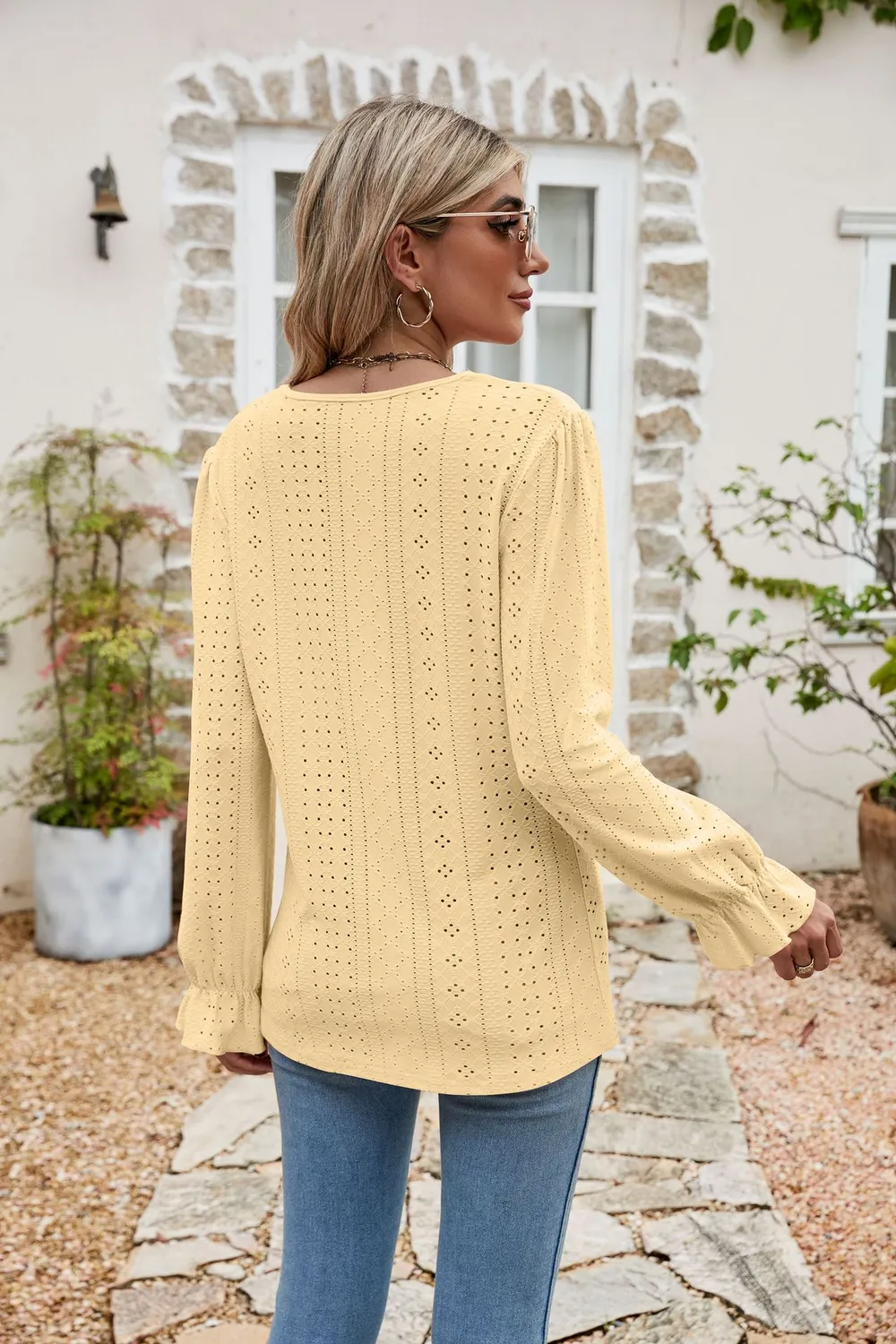 Eyelet Lace Trim Flounce Sleeve Blouse, image 17