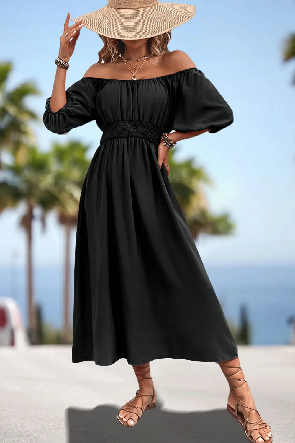 Square Neck Smocked Waist Puff Sleeve Midi Dress, image 9