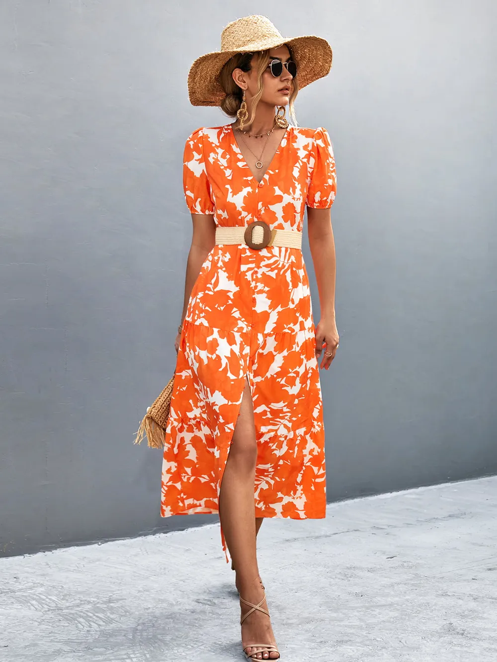 V-Neck Short Sleeve High Slit Midi Dress, image 7