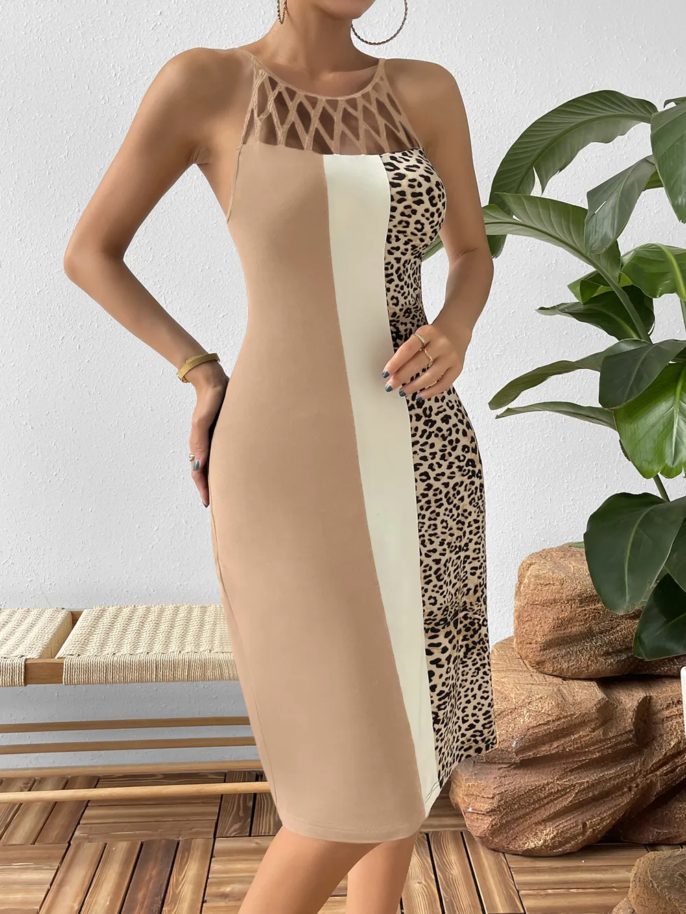 Leopard Color Block Cutout Sleeveless Knee-Length Dress, image 4