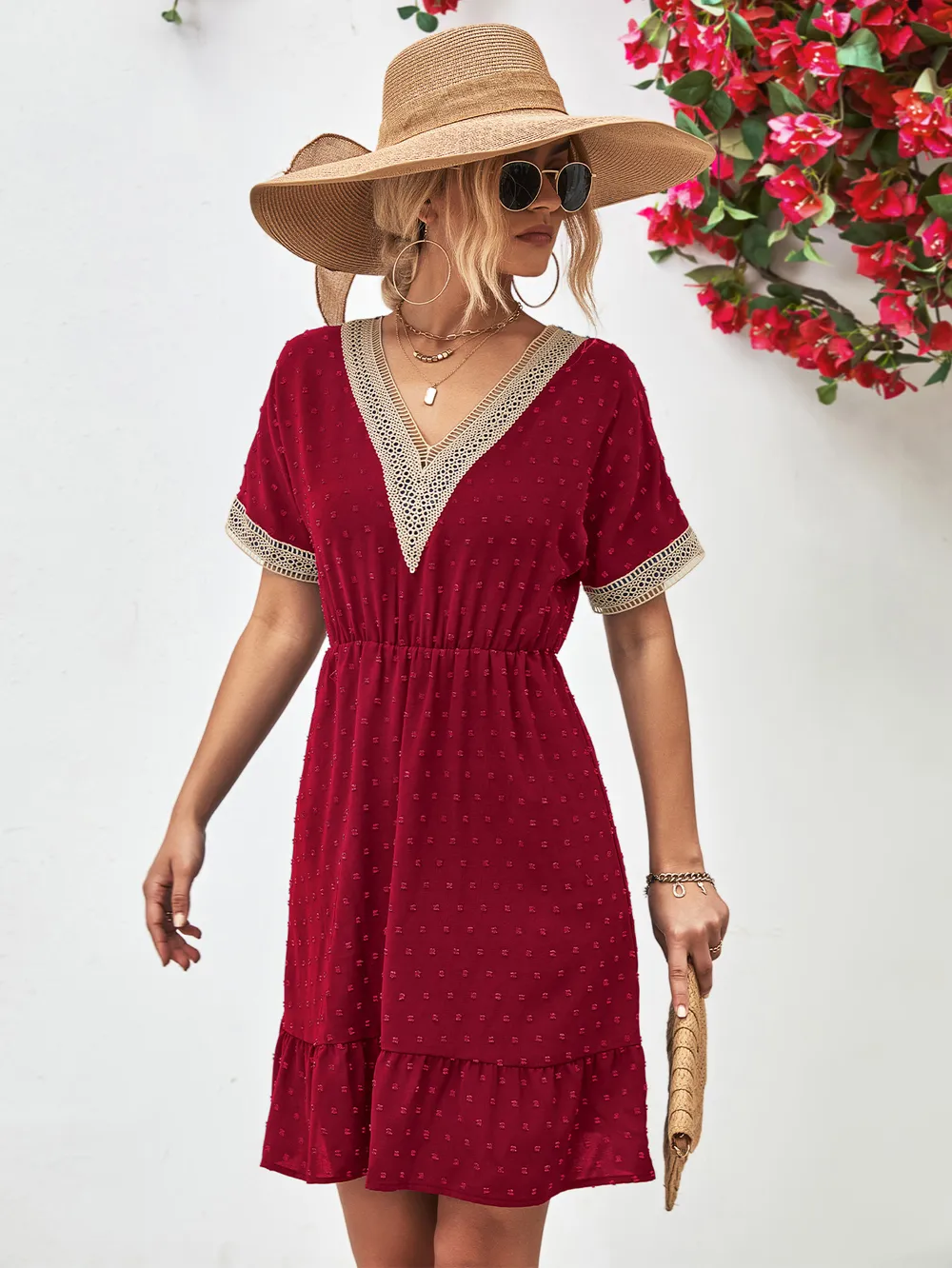 Contrast V-Neck Short Sleeve Mini Dress, image 6