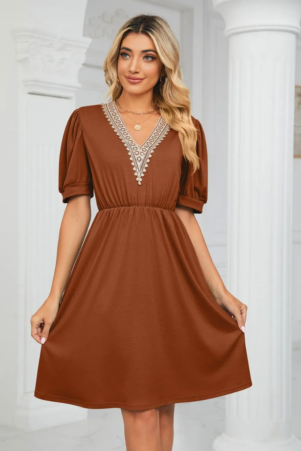 Contrast V-Neck Puff Sleeve Pocket Dress, image 13